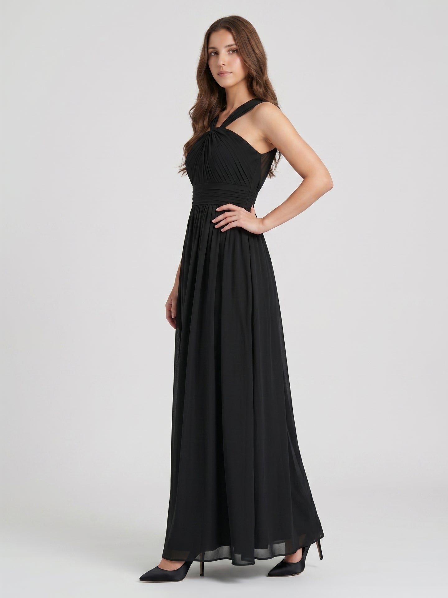 Black Chiffon A-Line Halter V-Back Floor-Length Pleated Bridesmaid Dress