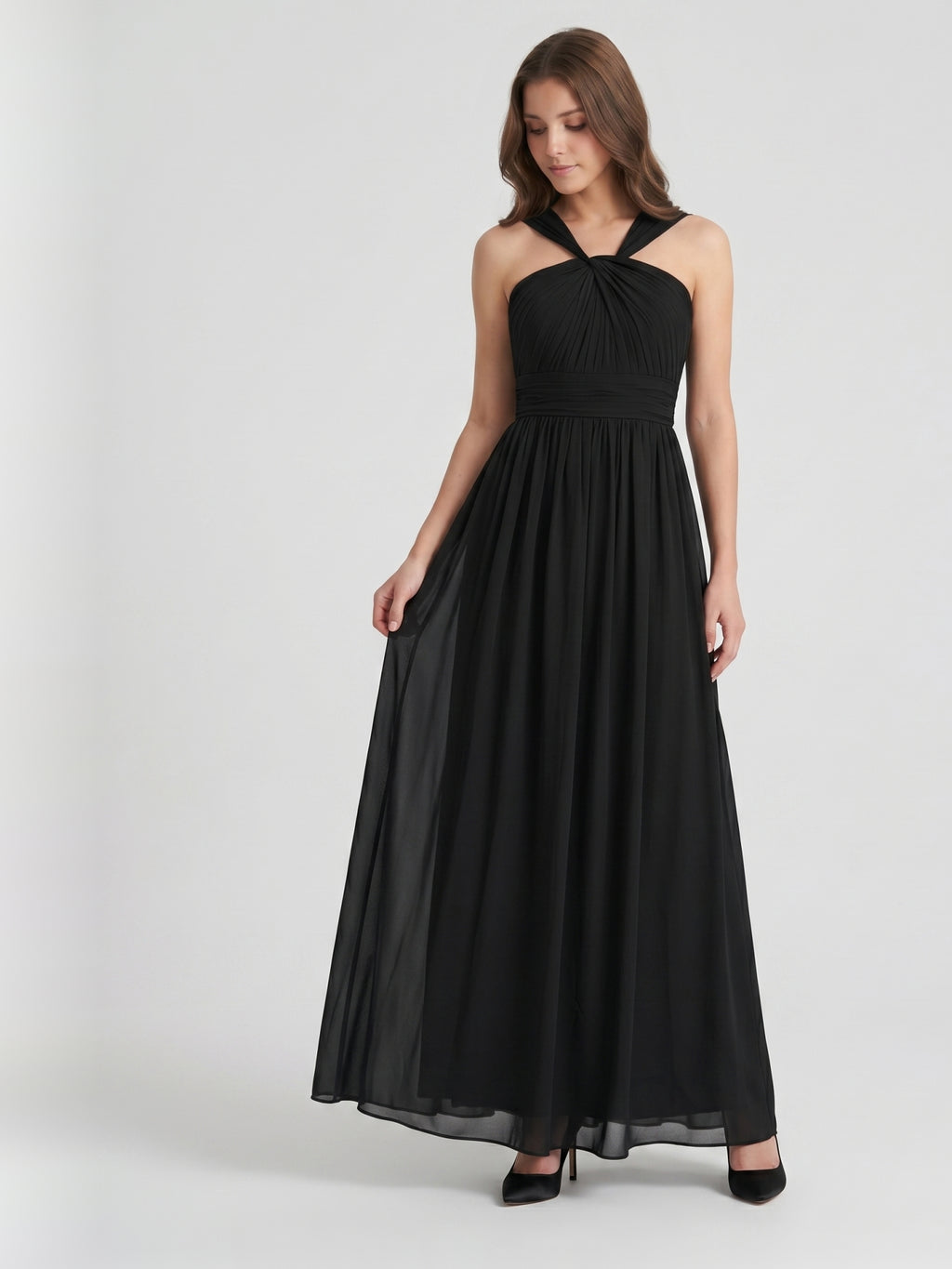 Black Chiffon A-Line Halter V-Back Floor-Length Pleated Bridesmaid Dress