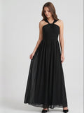 Black Chiffon A-Line Halter V-Back Floor-Length Pleated Bridesmaid Dress