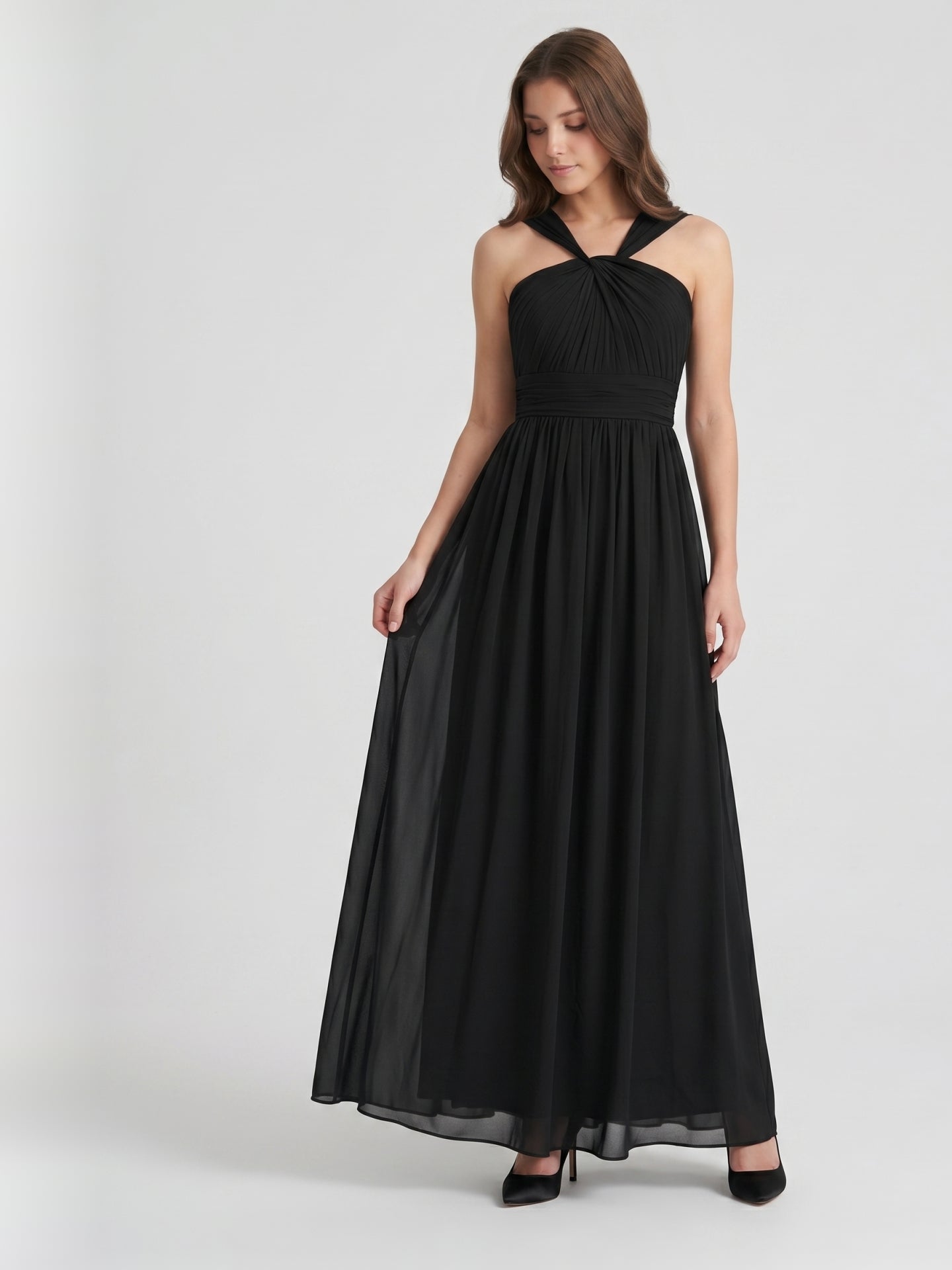 Black Chiffon A-Line Halter V-Back Floor-Length Pleated Bridesmaid Dress