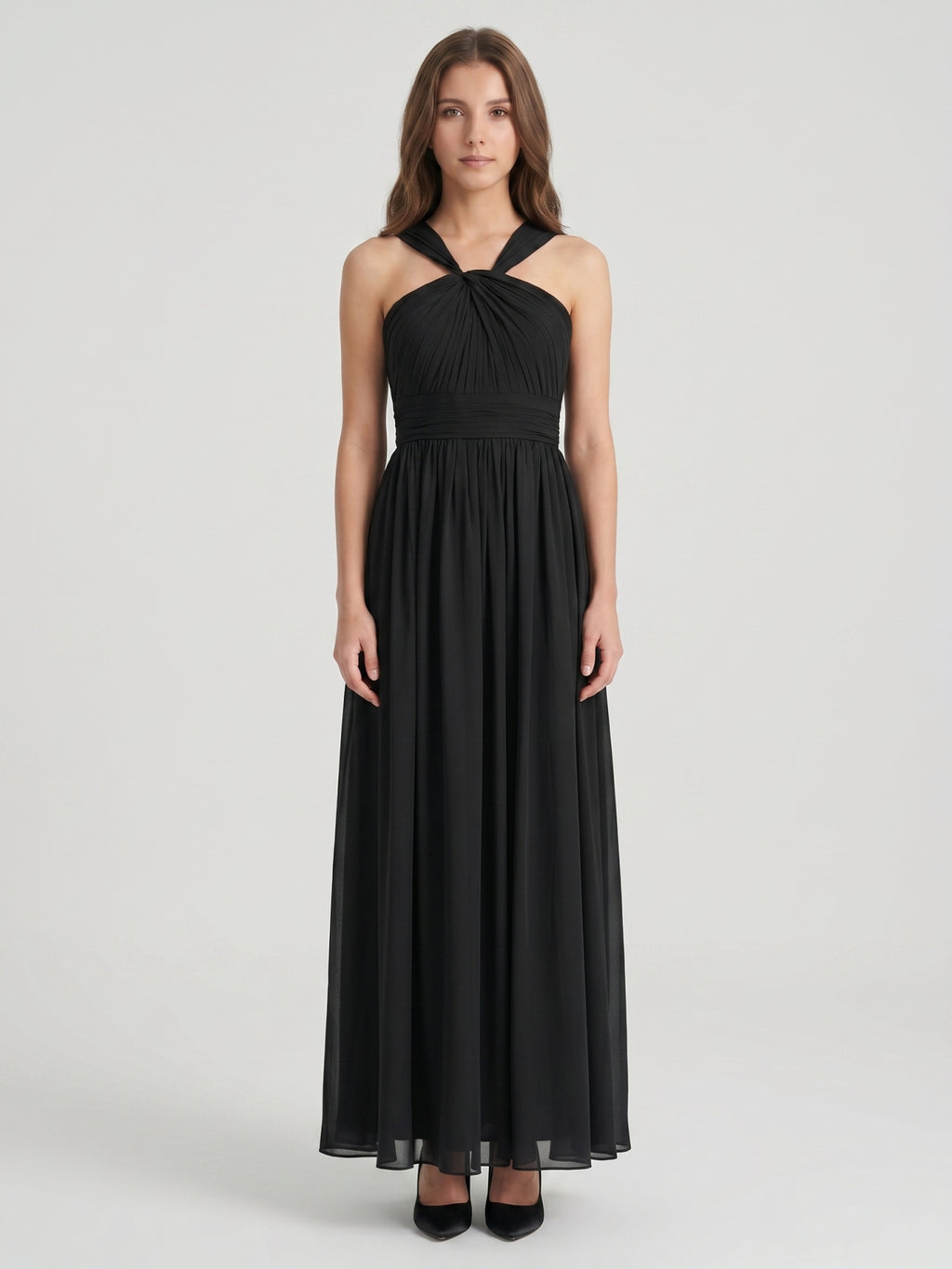 Black Chiffon A-Line Halter V-Back Floor-Length Pleated Bridesmaid Dress