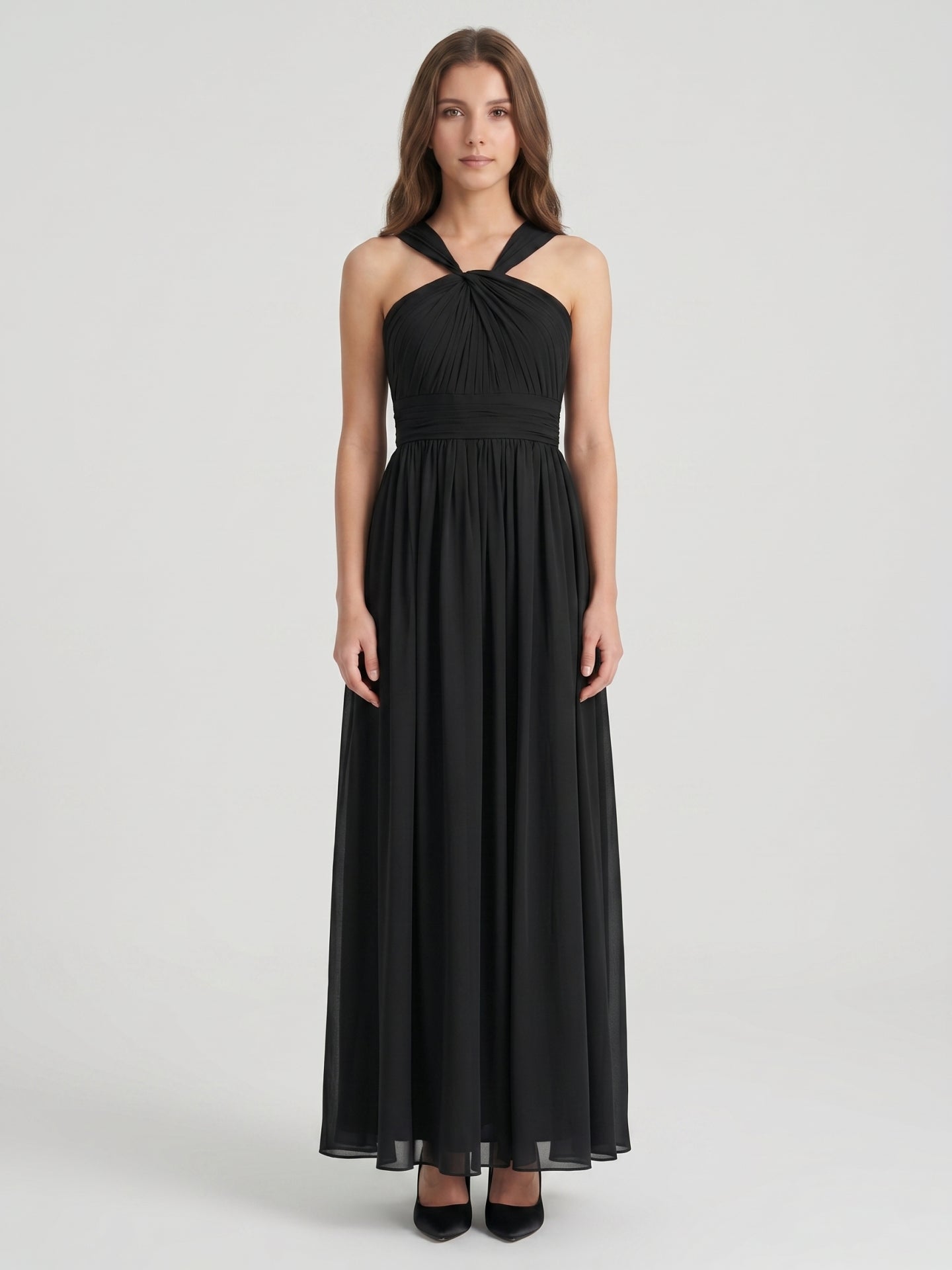 Black Chiffon A-Line Halter V-Back Floor-Length Pleated Bridesmaid Dress