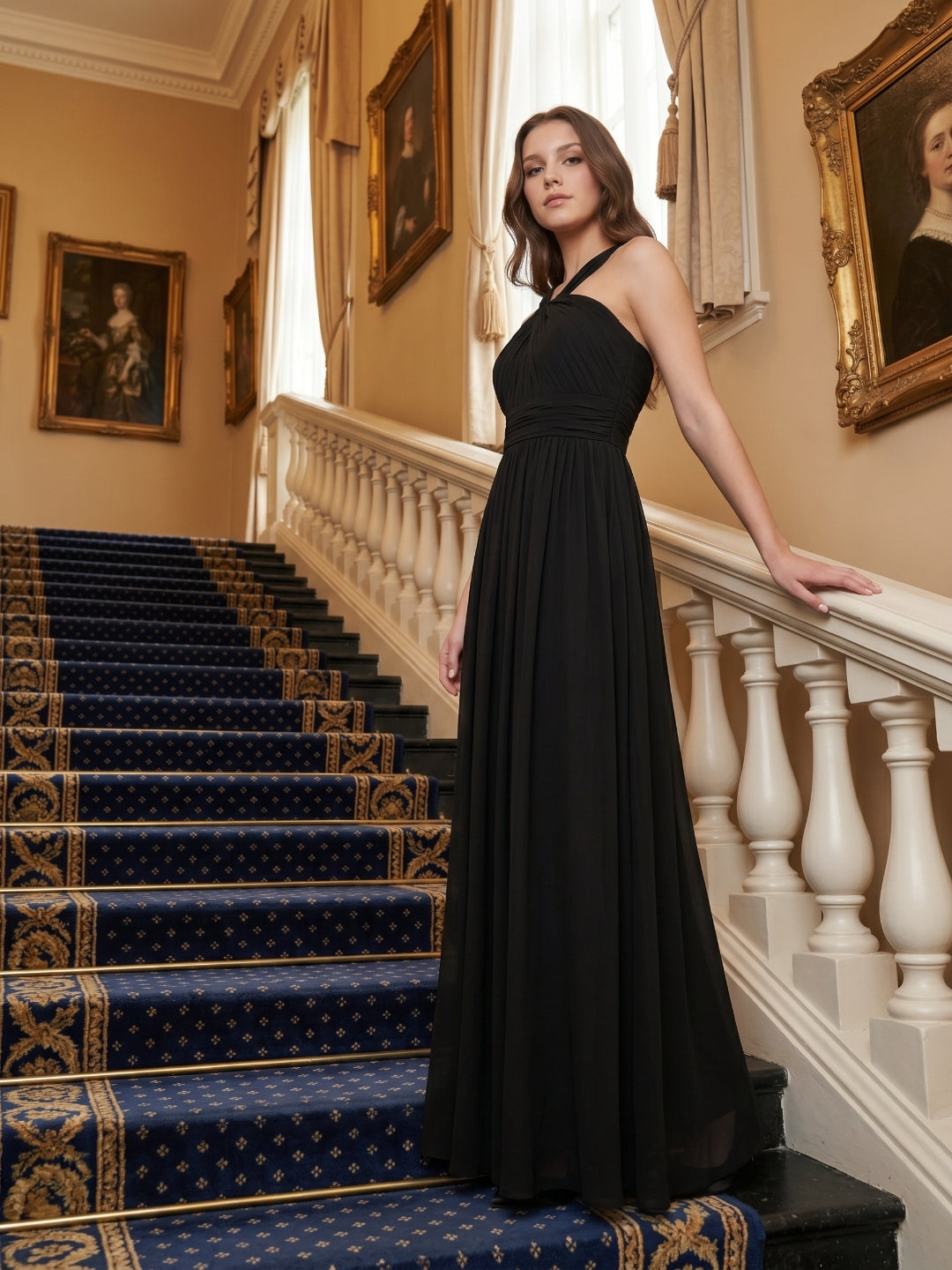 Black Chiffon A-Line Halter V-Back Floor-Length Pleated Bridesmaid Dress