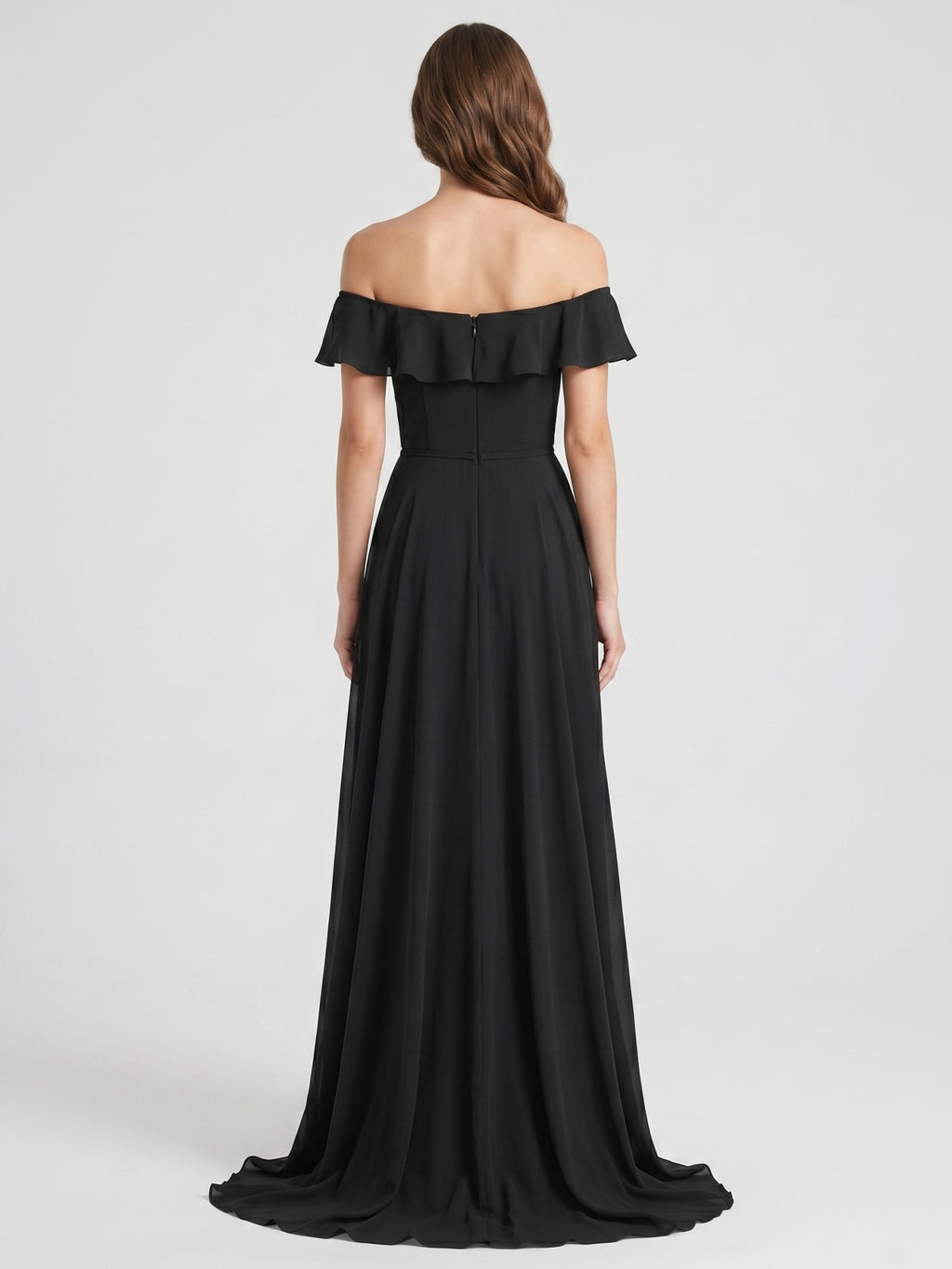 Black Chiffon A-Line Off-the-Shoulder Back Zip Floor-Length Ruffle Bridesmaid Dress