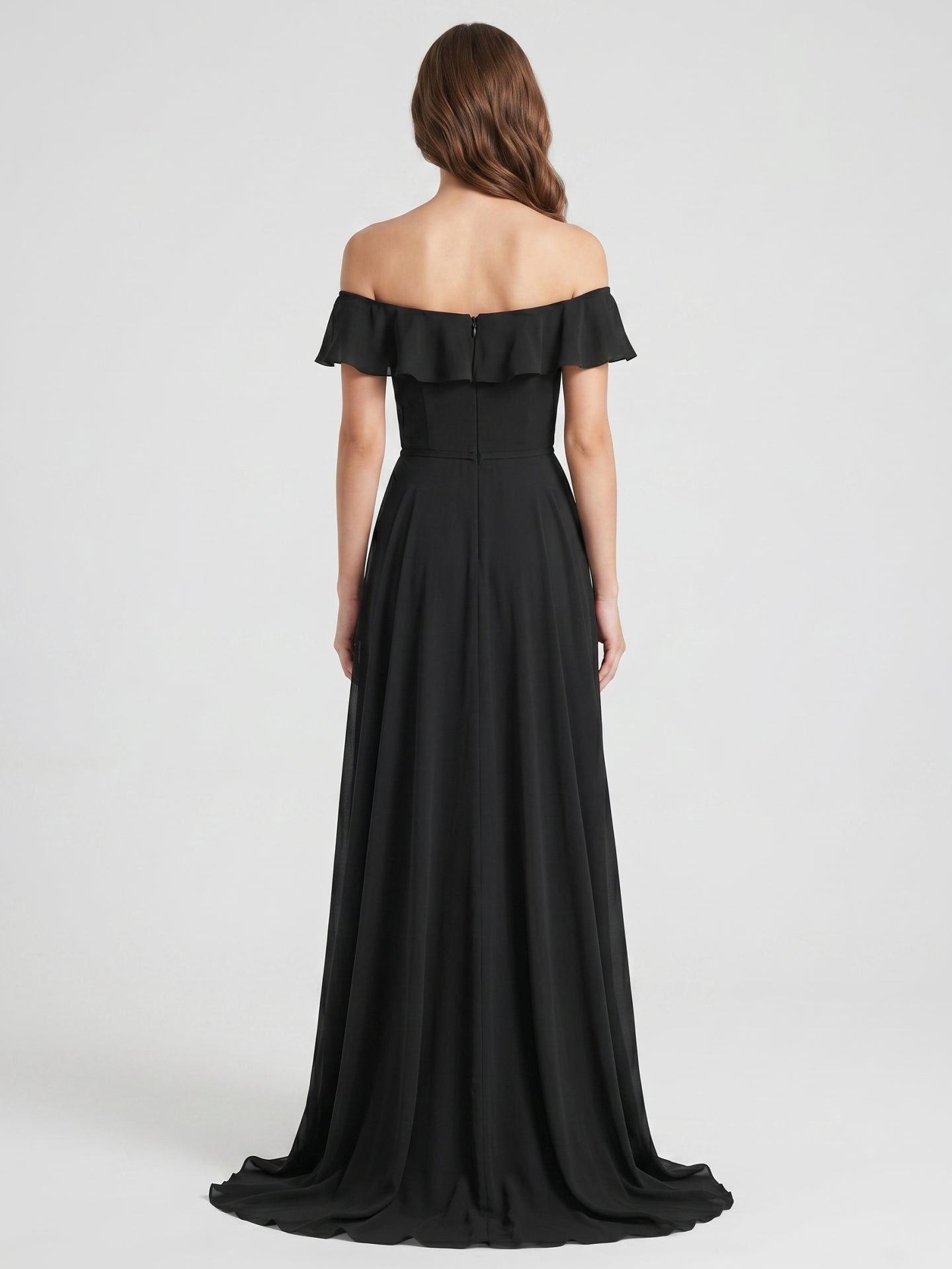Black Chiffon A-Line Off-the-Shoulder Back Zip Floor-Length Ruffle Bridesmaid Dress