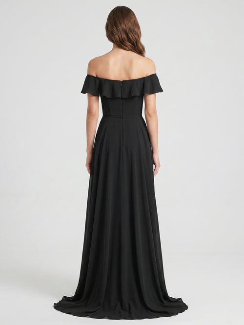 Black Chiffon A-Line Off-the-Shoulder Back Zip Floor-Length Ruffle Bridesmaid Dress