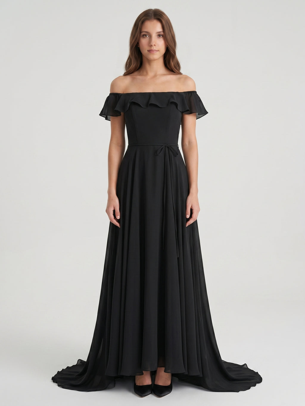 Black Chiffon A-Line Off-the-Shoulder Back Zip Floor-Length Ruffle Bridesmaid Dress