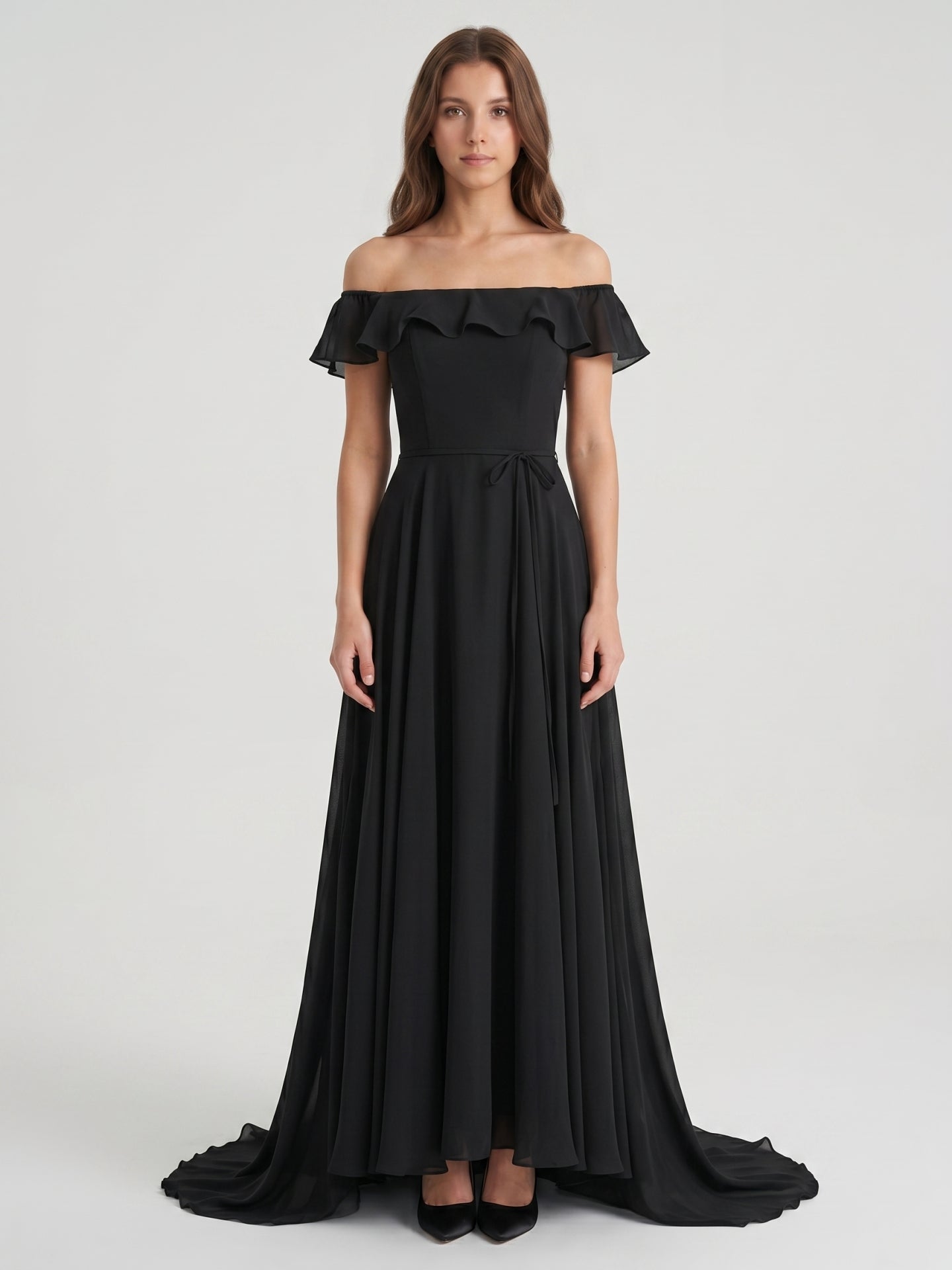 Black Chiffon A-Line Off-the-Shoulder Back Zip Floor-Length Ruffle Bridesmaid Dress
