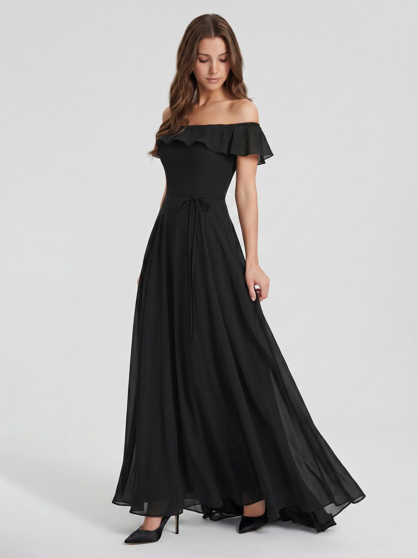 Black Chiffon A-Line Off-the-Shoulder Back Zip Floor-Length Ruffle Bridesmaid Dress