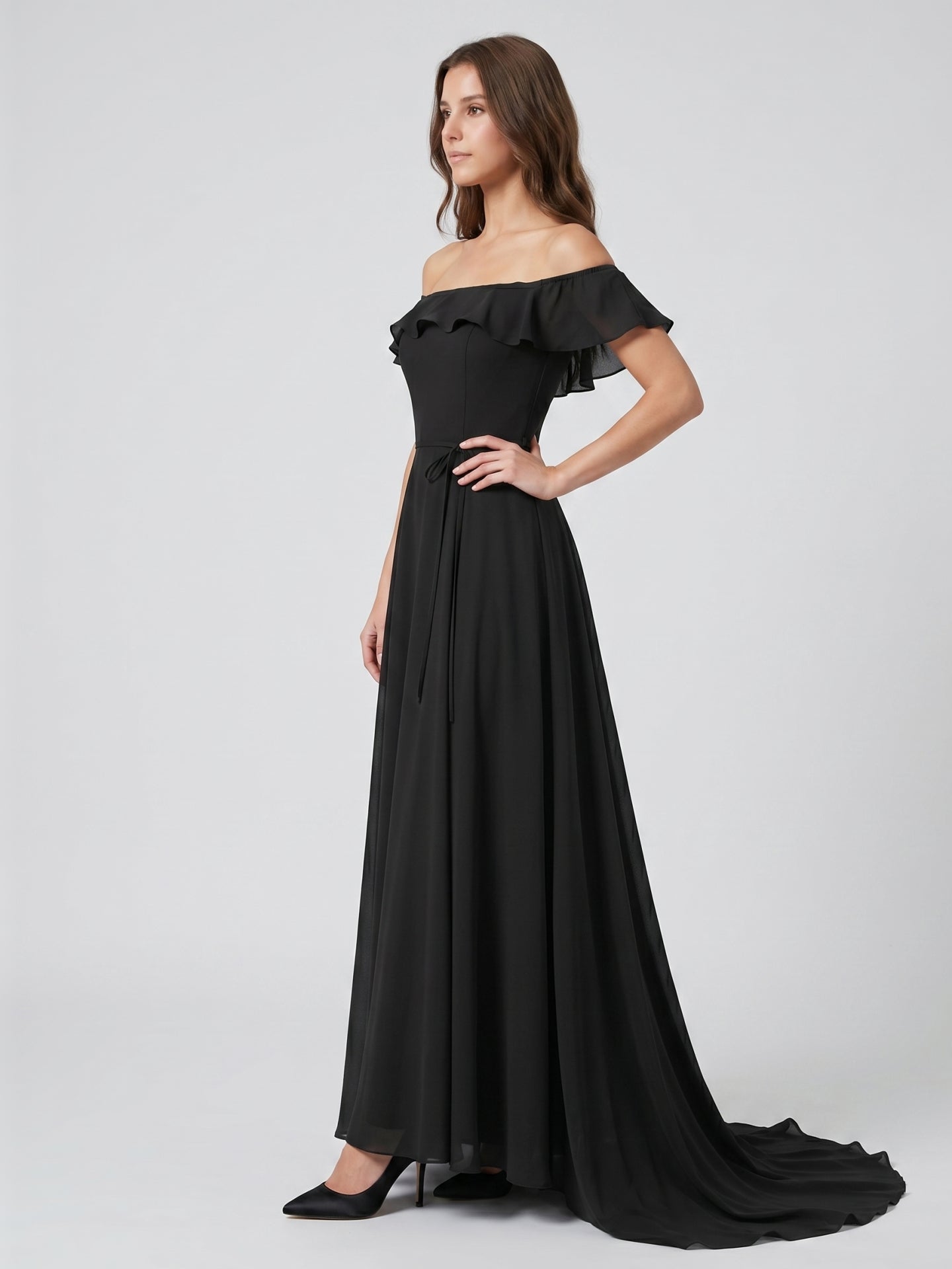 Black Chiffon A-Line Off-the-Shoulder Back Zip Floor-Length Ruffle Bridesmaid Dress