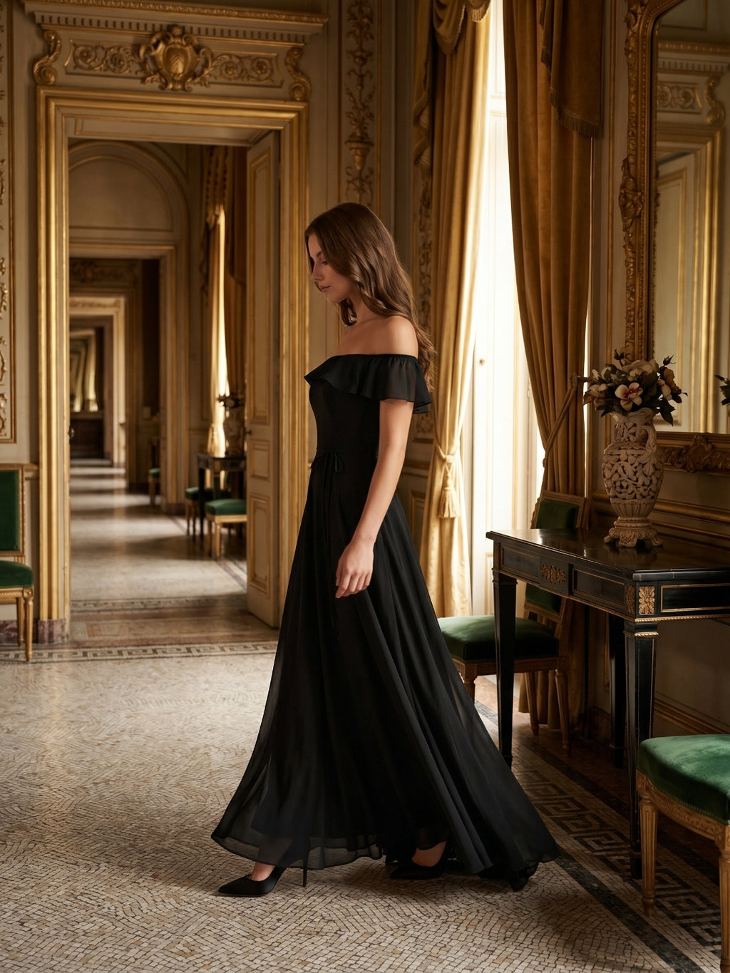 Black Chiffon A-Line Off-the-Shoulder Back Zip Floor-Length Ruffle Bridesmaid Dress