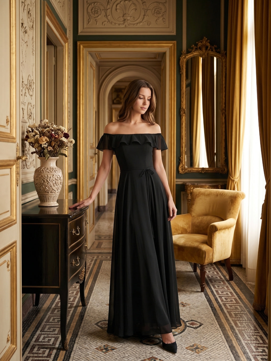 Black Chiffon A-Line Off-the-Shoulder Back Zip Floor-Length Ruffle Bridesmaid Dress
