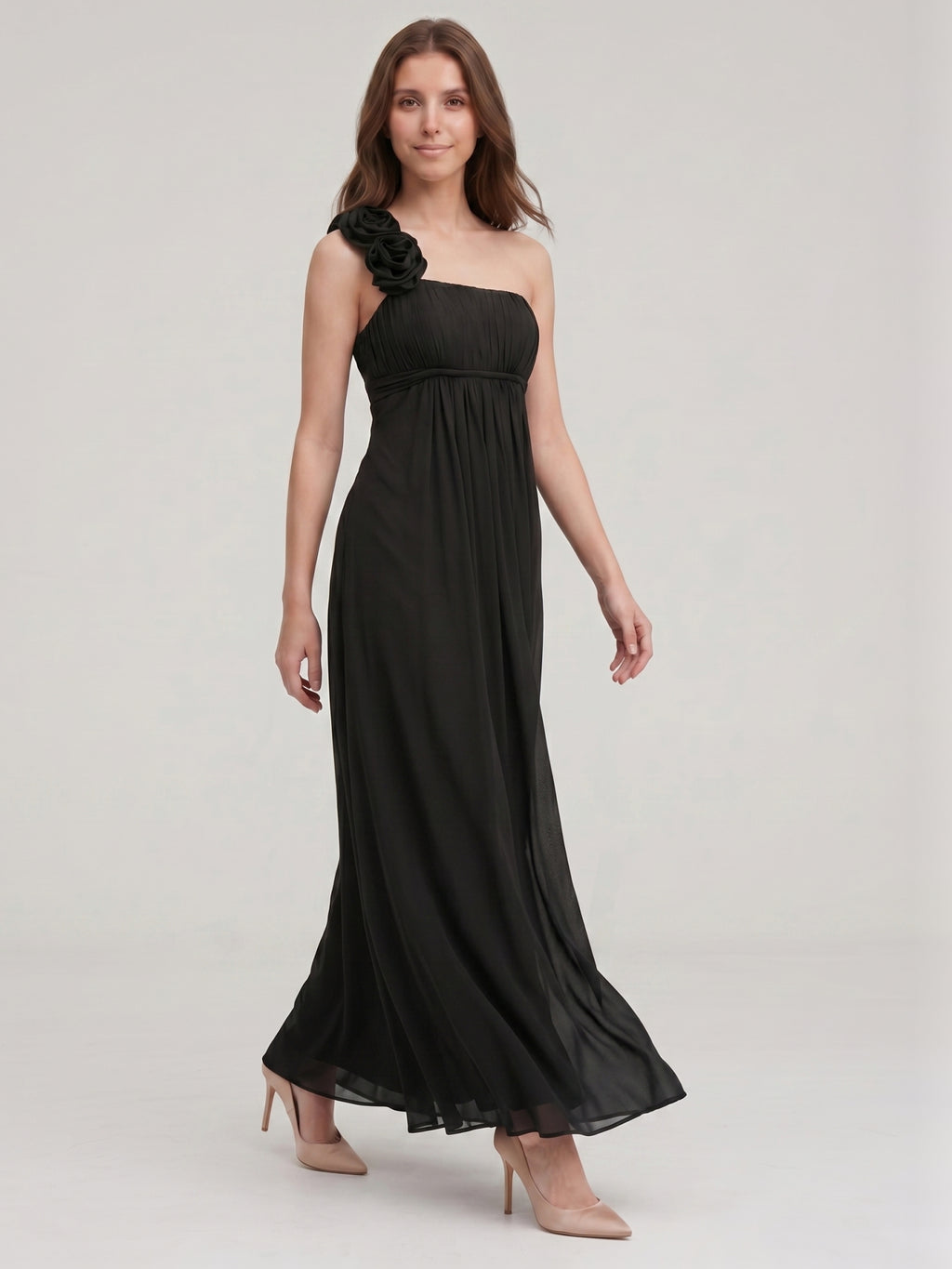 Black Chiffon A-Line One Shoulder Back Zip Floor-Length Bridesmaid Dress with 3D Flower