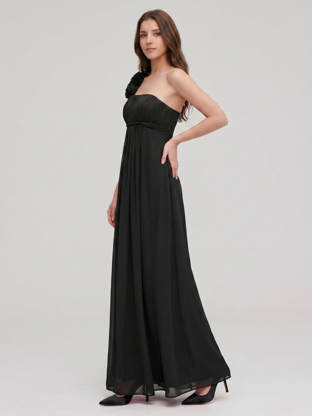Black Chiffon A-Line One Shoulder Back Zip Floor-Length Bridesmaid Dress with 3D Flower