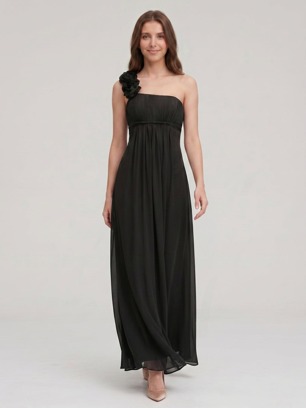 Black Chiffon A-Line One Shoulder Back Zip Floor-Length Bridesmaid Dress with 3D Flower
