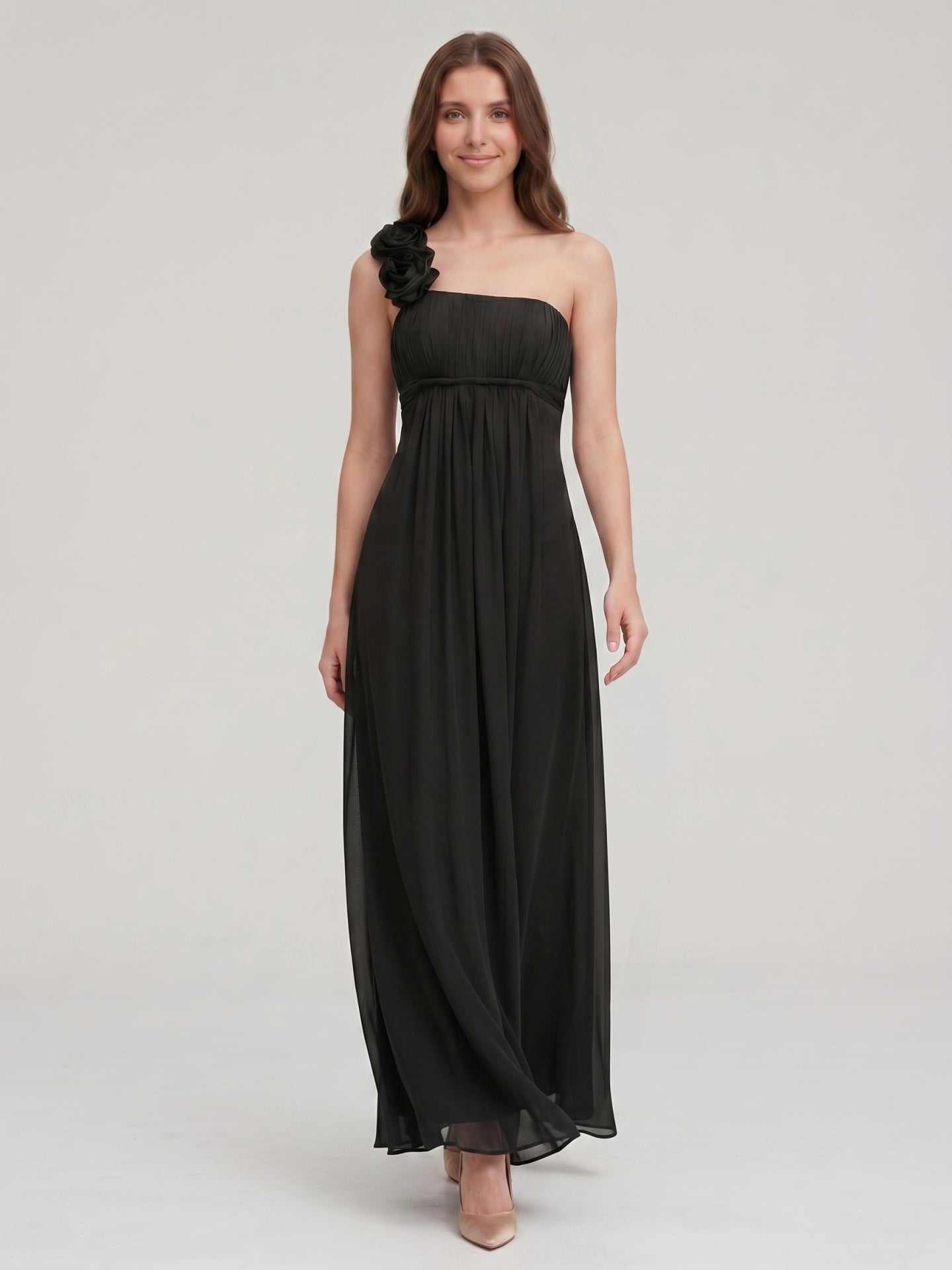 Black Chiffon A-Line One Shoulder Back Zip Floor-Length Bridesmaid Dress with 3D Flower