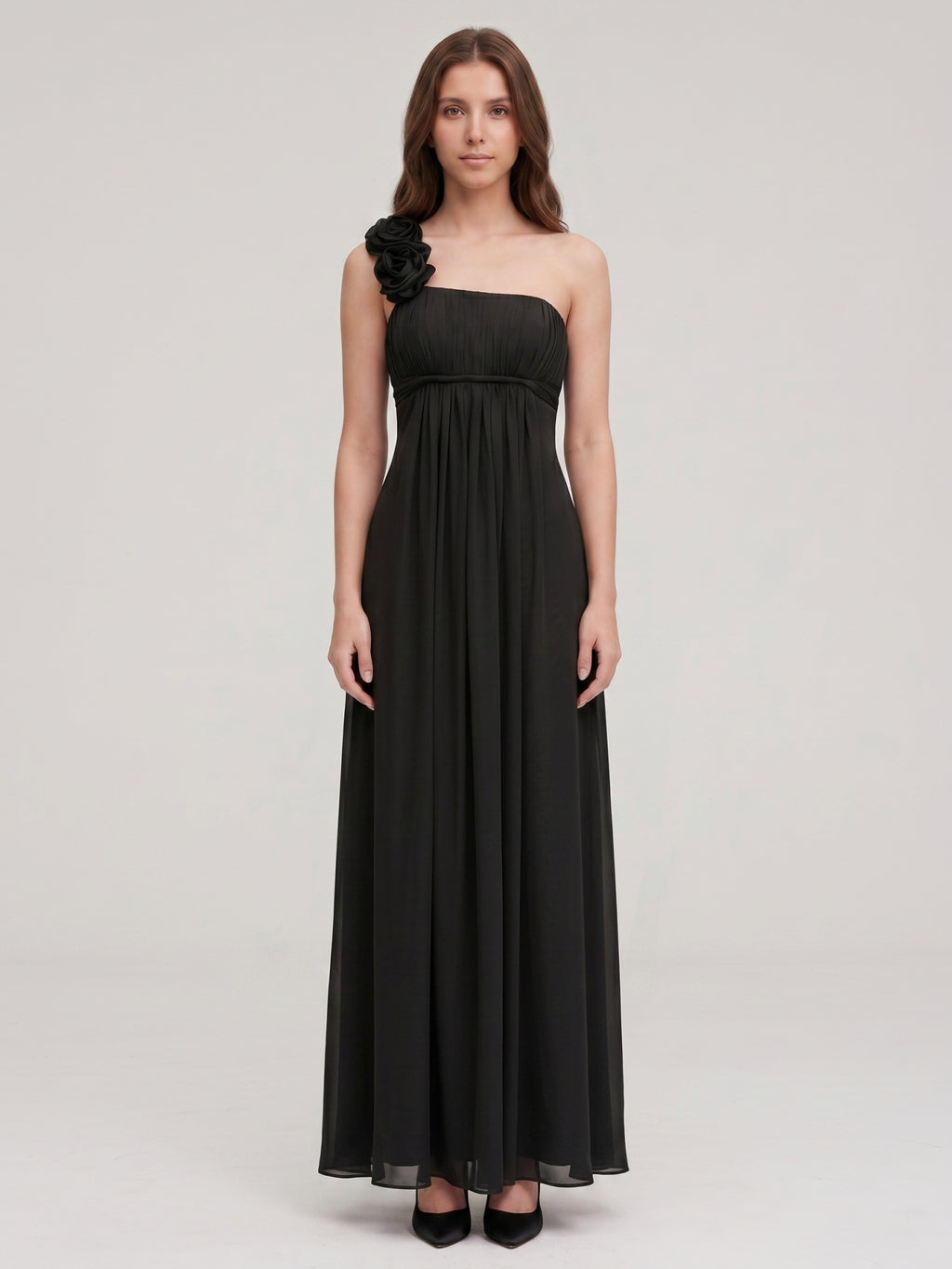 Black Chiffon A-Line One Shoulder Back Zip Floor-Length Bridesmaid Dress with 3D Flower