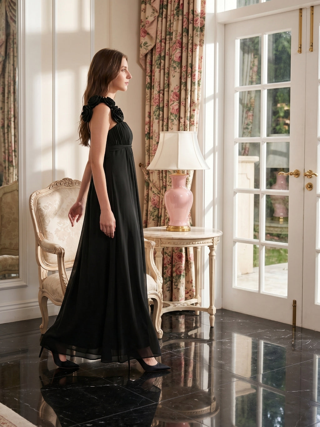 Black Chiffon A-Line One Shoulder Back Zip Floor-Length Bridesmaid Dress with 3D Flower