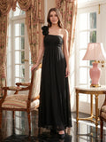 Black Chiffon A-Line One Shoulder Back Zip Floor-Length Bridesmaid Dress with 3D Flower