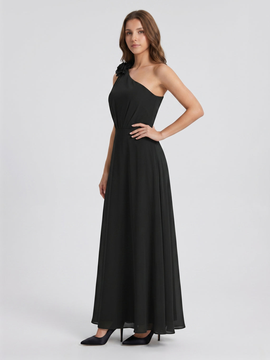 Black Chiffon A-Line One Shoulder Back Zip Floor-Length Ruffle Bridesmaid Dress