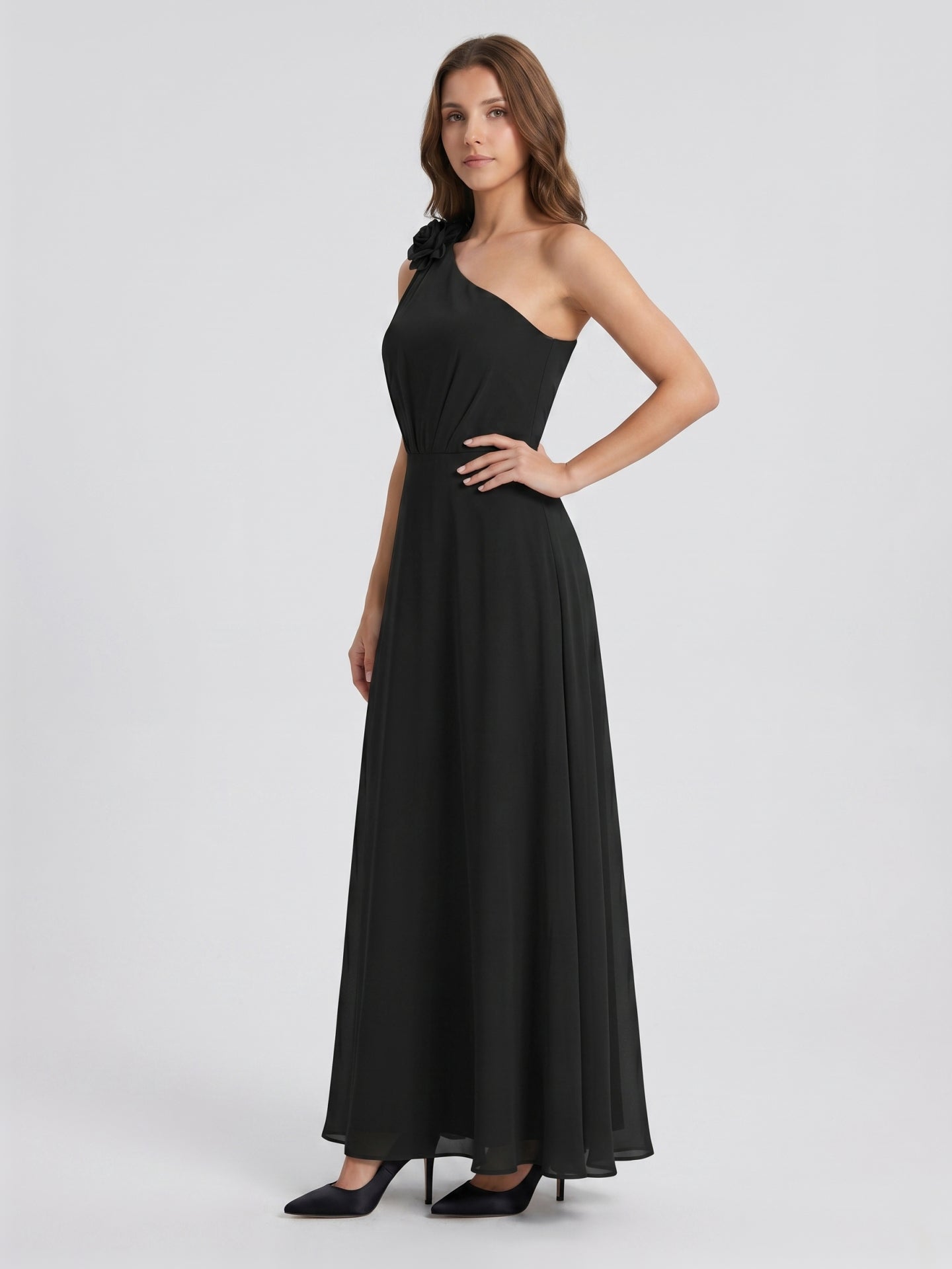 Black Chiffon A-Line One Shoulder Back Zip Floor-Length Ruffle Bridesmaid Dress