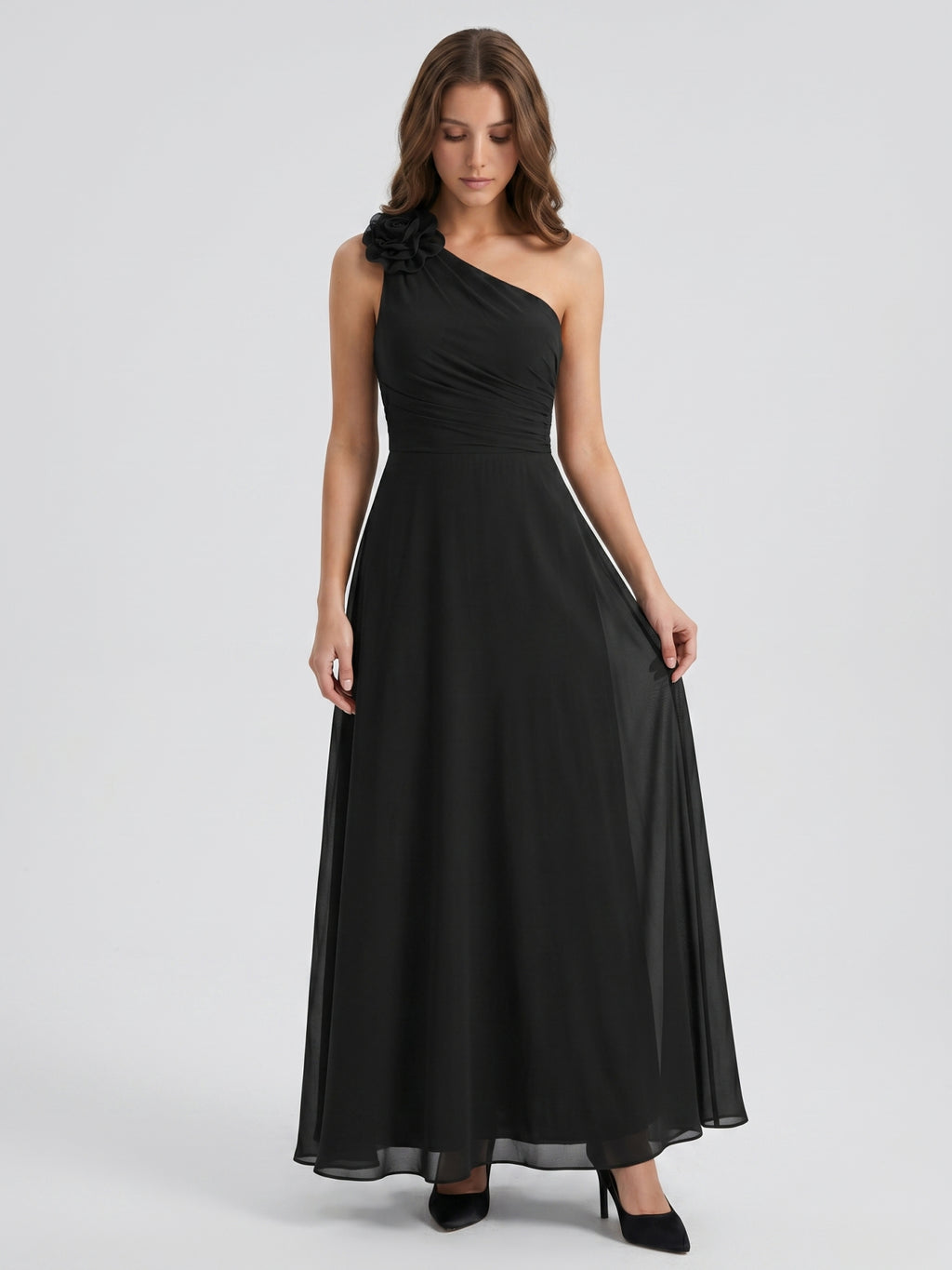Black Chiffon A-Line One Shoulder Back Zip Floor-Length Ruffle Bridesmaid Dress