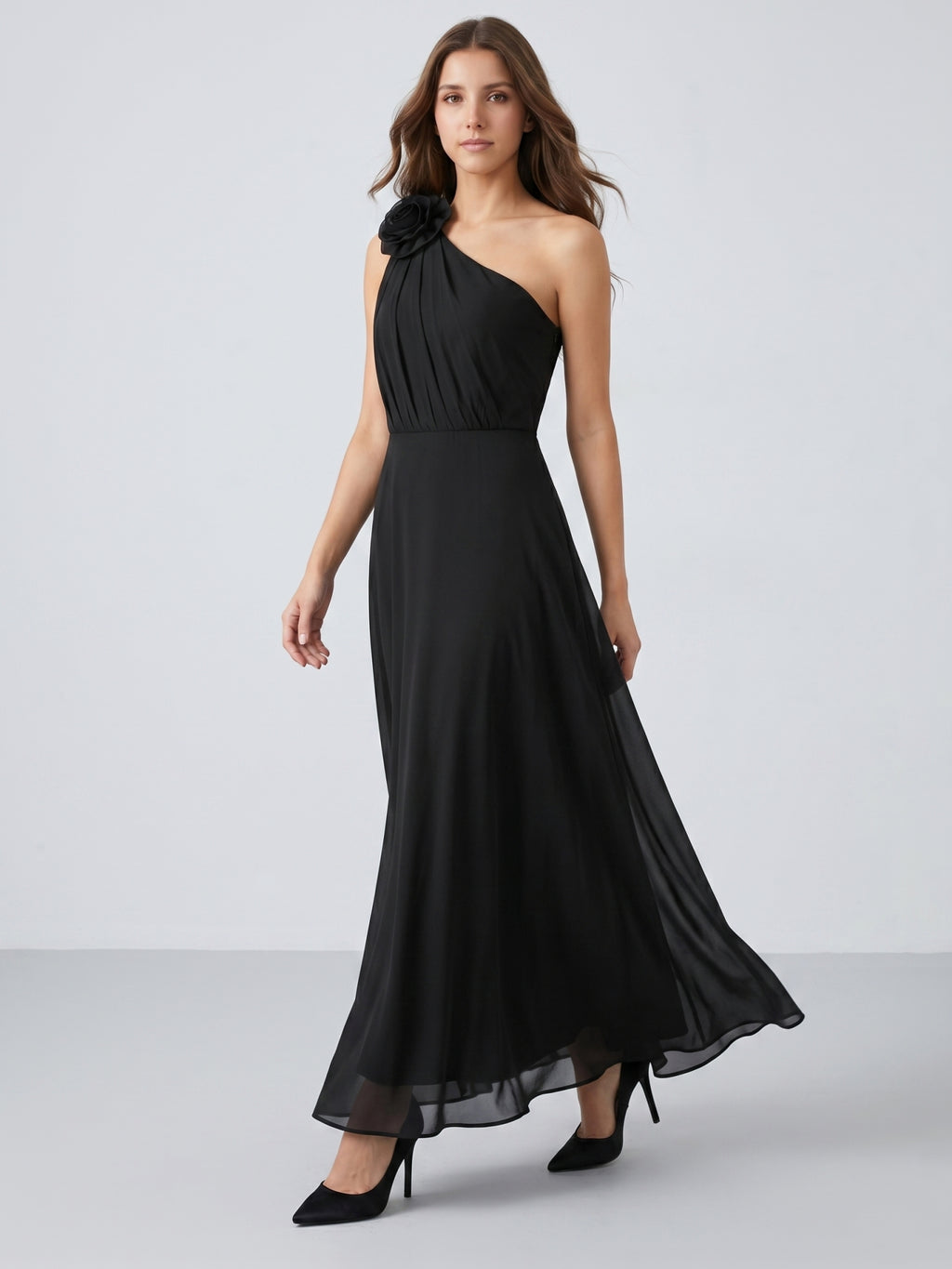 Black Chiffon A-Line One Shoulder Back Zip Floor-Length Ruffle Bridesmaid Dress