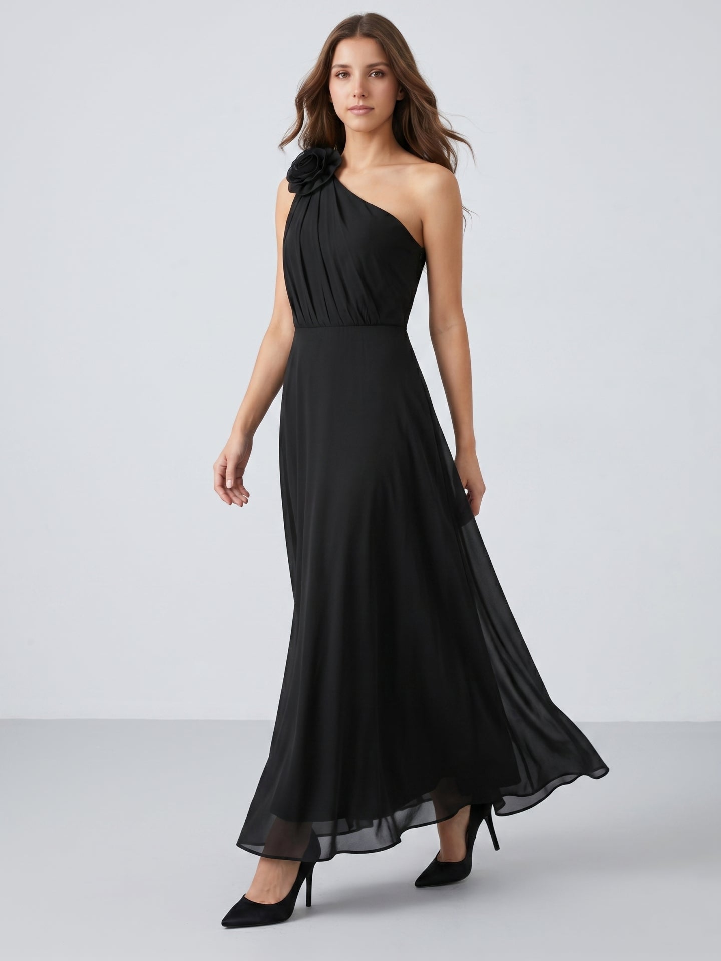 Black Chiffon A-Line One Shoulder Back Zip Floor-Length Ruffle Bridesmaid Dress