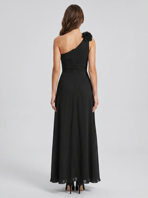 Black Chiffon A-Line One Shoulder Back Zip Floor-Length Ruffle Bridesmaid Dress