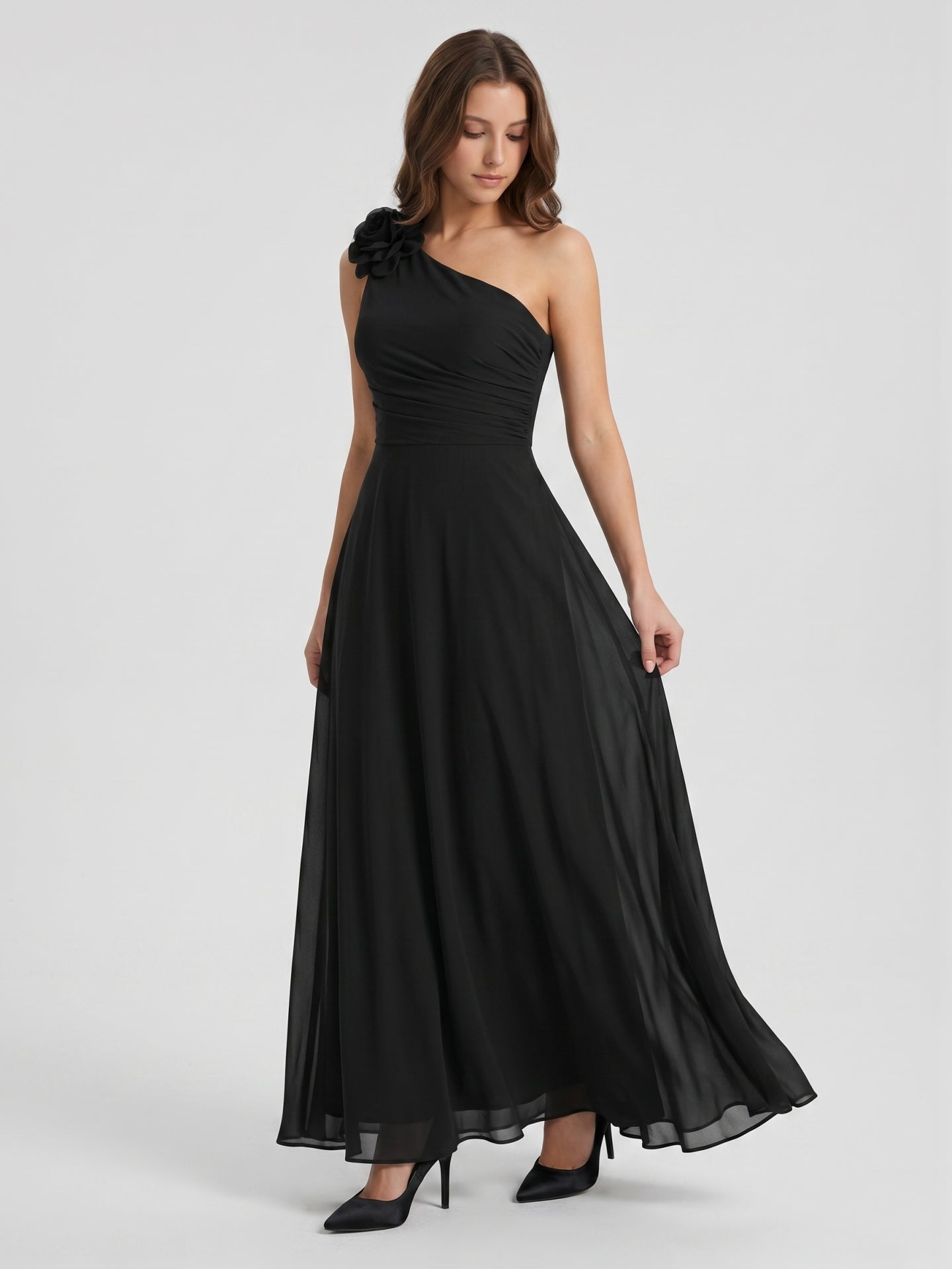 Black Chiffon A-Line One Shoulder Back Zip Floor-Length Ruffle Bridesmaid Dress
