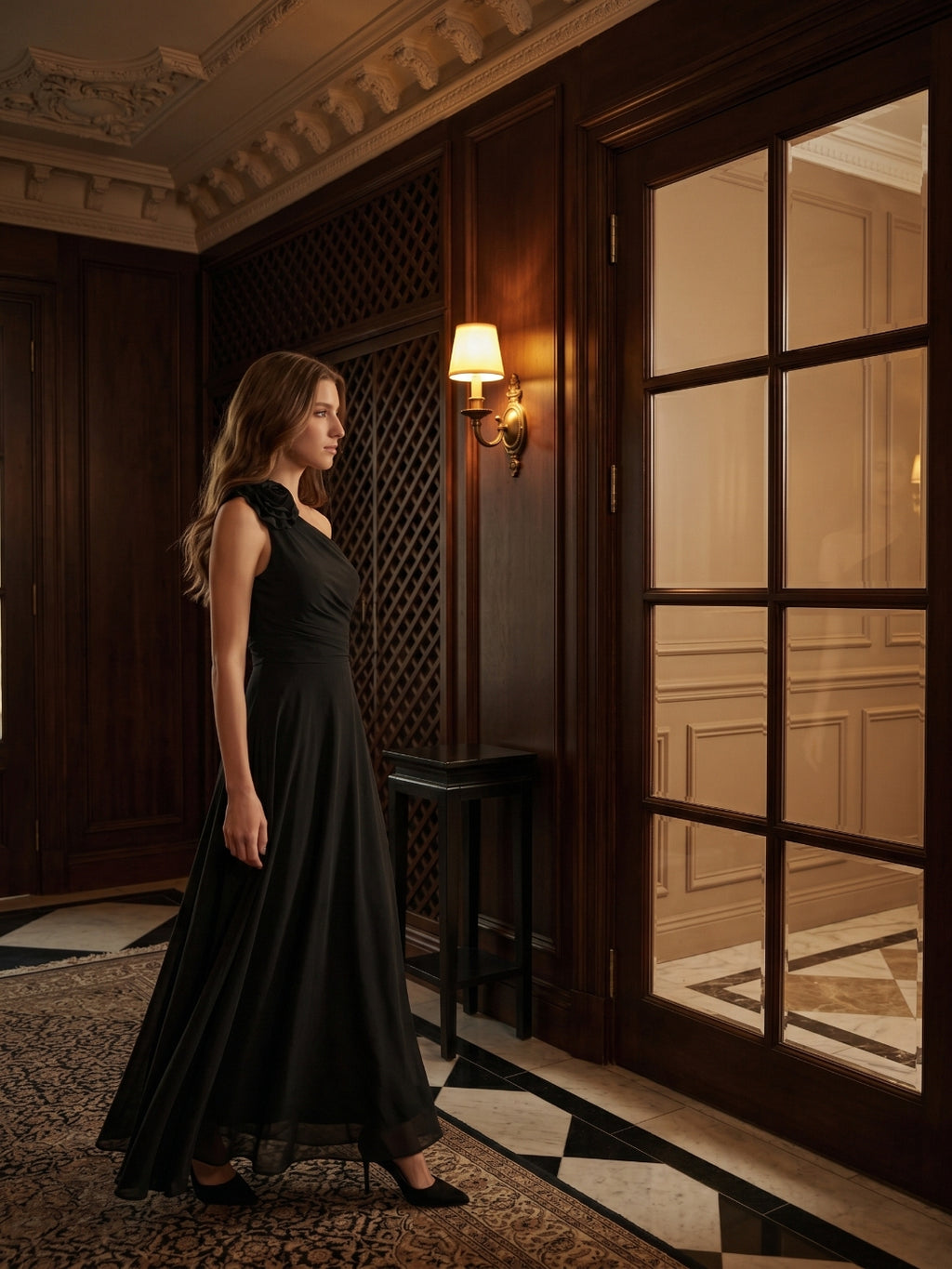 Black Chiffon A-Line One Shoulder Back Zip Floor-Length Ruffle Bridesmaid Dress
