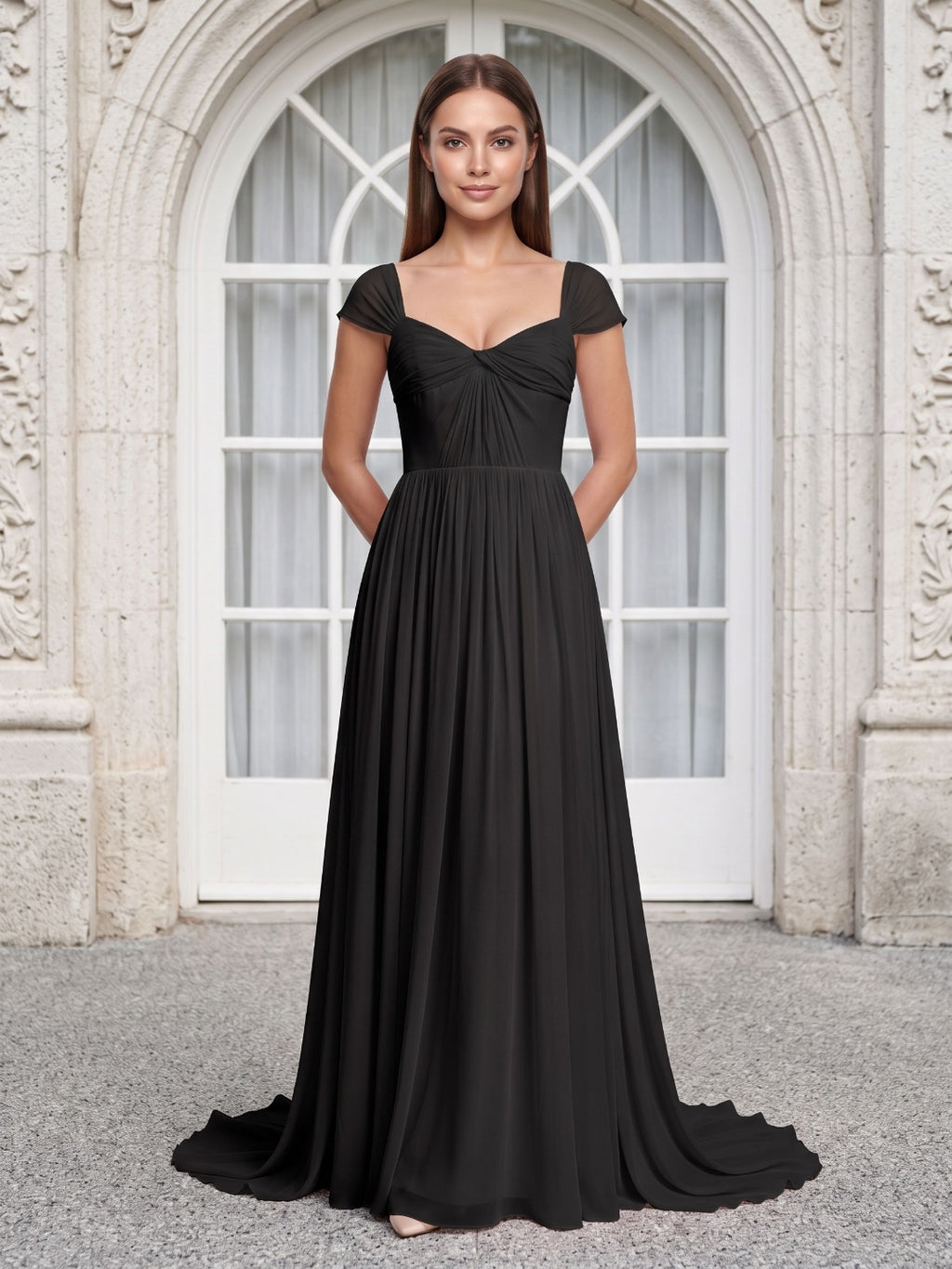 Black Chiffon A-Line Square Neck Backless Floor-Length Prom Dress
