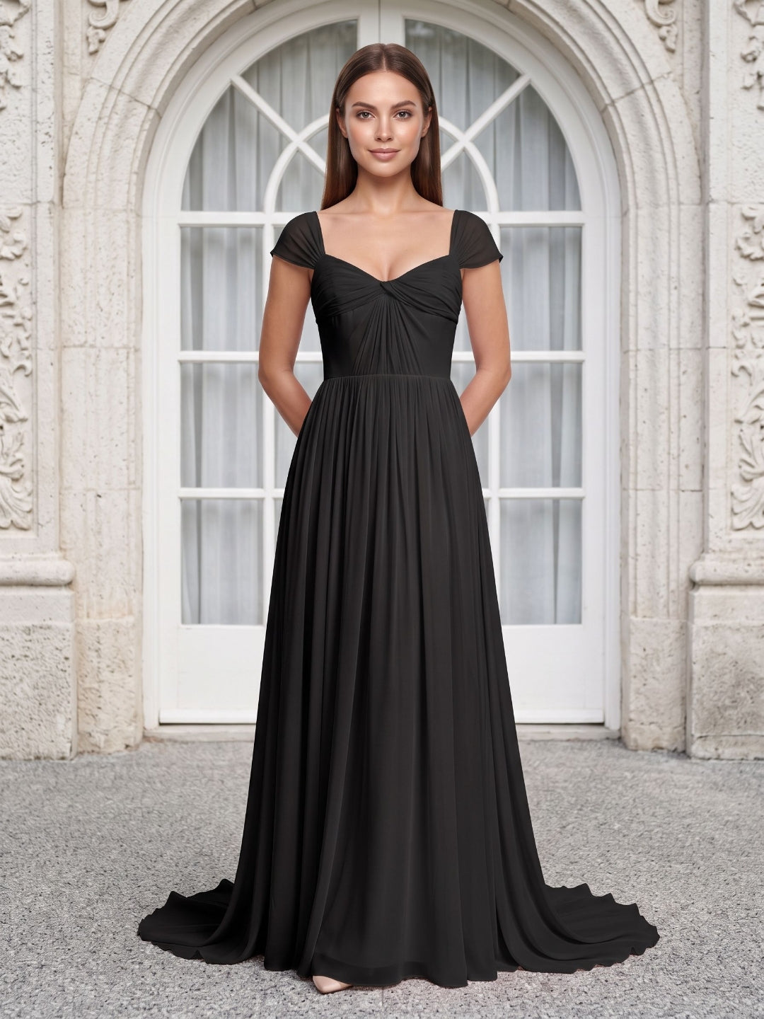 Black Chiffon A-Line Square Neck Backless Floor-Length Prom Dress