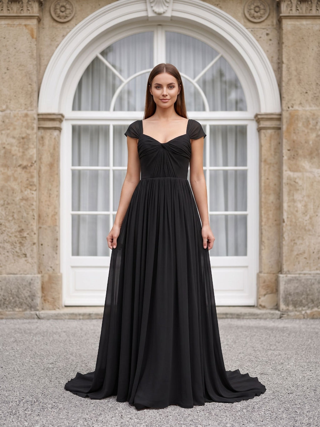 Black Chiffon A-Line Square Neck Backless Floor-Length Prom Dress