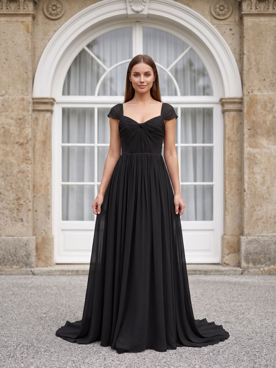 Black Chiffon A-Line Square Neck Backless Floor-Length Prom Dress