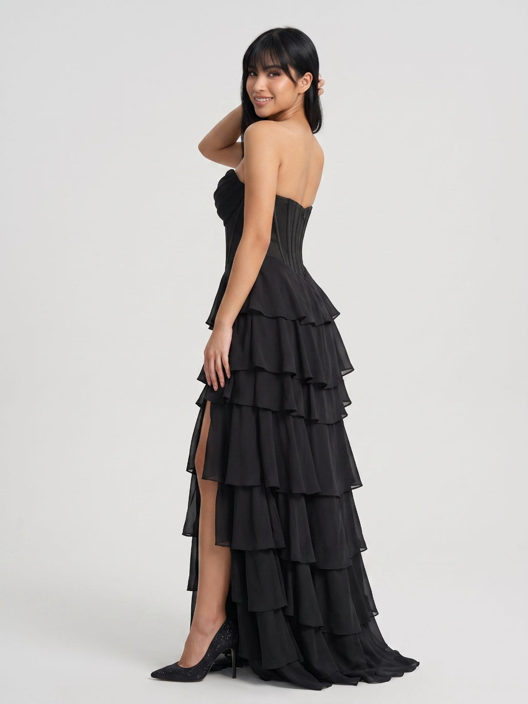 Black Chiffon A-Line Sweetheart Back Zip Floor-Length Dress
