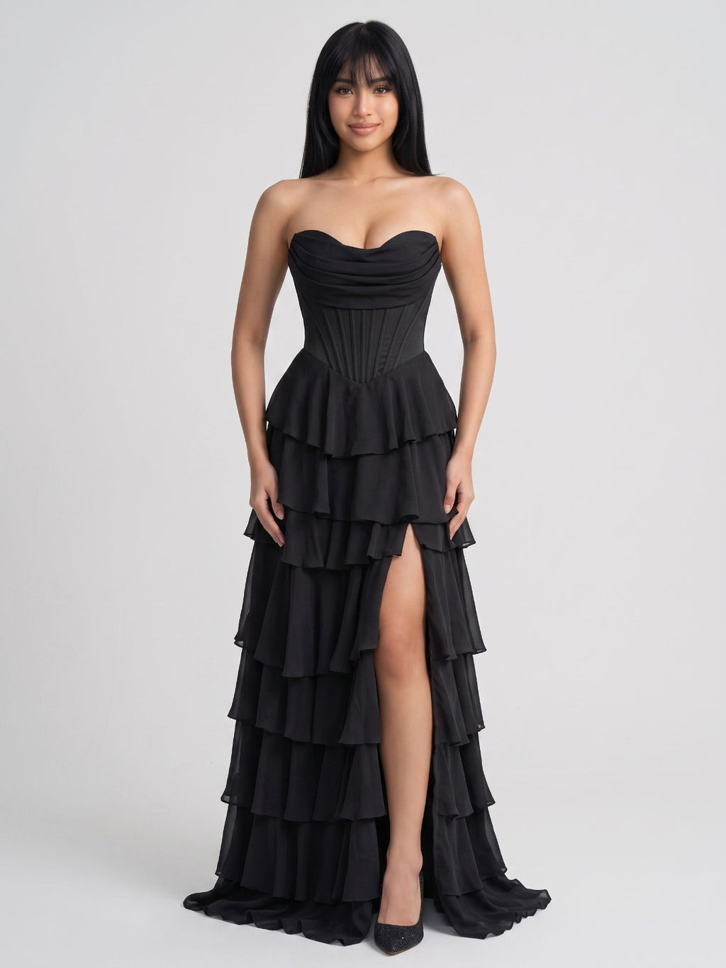 Black Chiffon A-Line Sweetheart Back Zip Floor-Length Dress