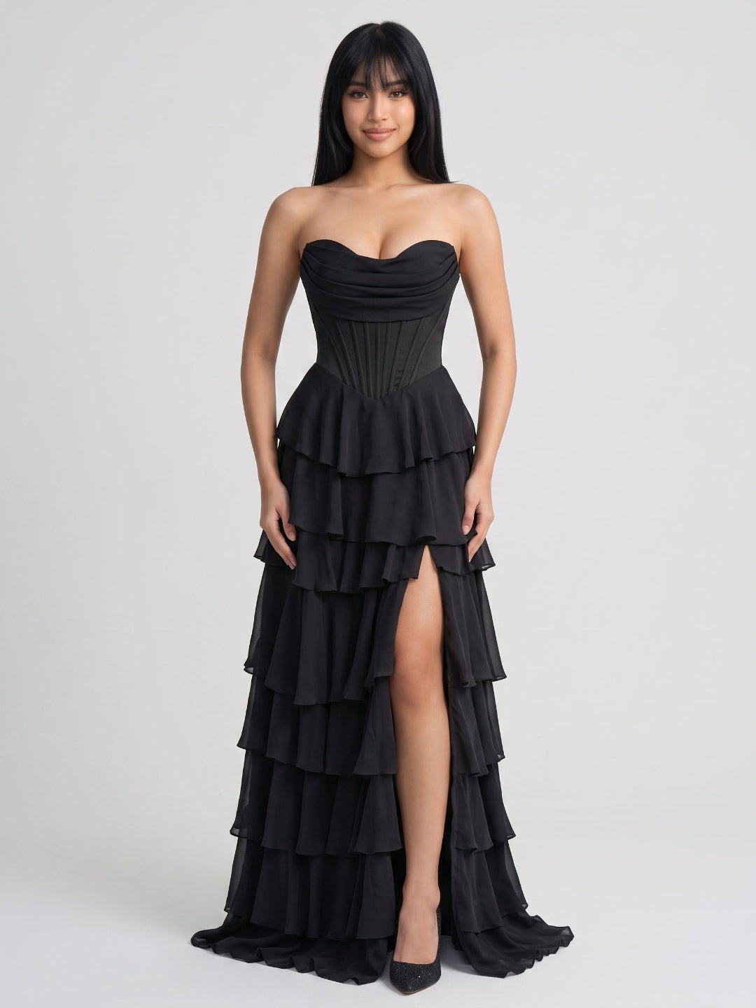 Black Chiffon A-Line Sweetheart Back Zip Floor-Length Dress