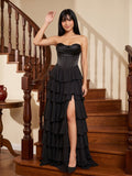Black Chiffon A-Line Sweetheart Back Zip Floor-Length Dress