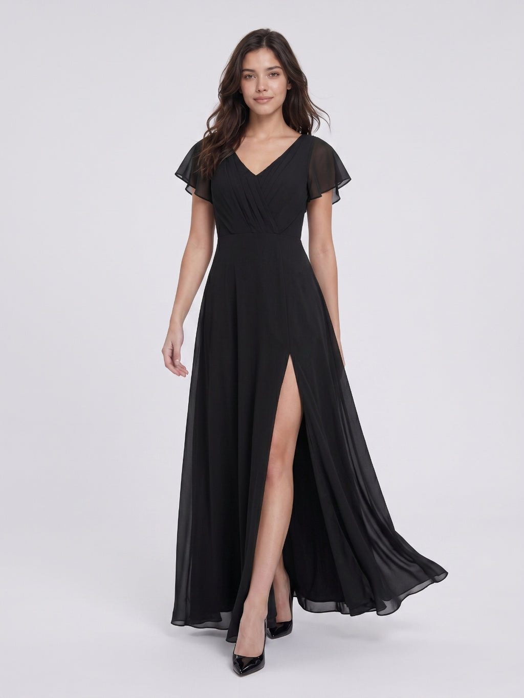 Black Chiffon A-Line V-Neck Back Zip Floor-Length Bridesmaid Dress with Pleating