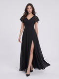 Black Chiffon A-Line V-Neck Back Zip Floor-Length Bridesmaid Dress with Pleating