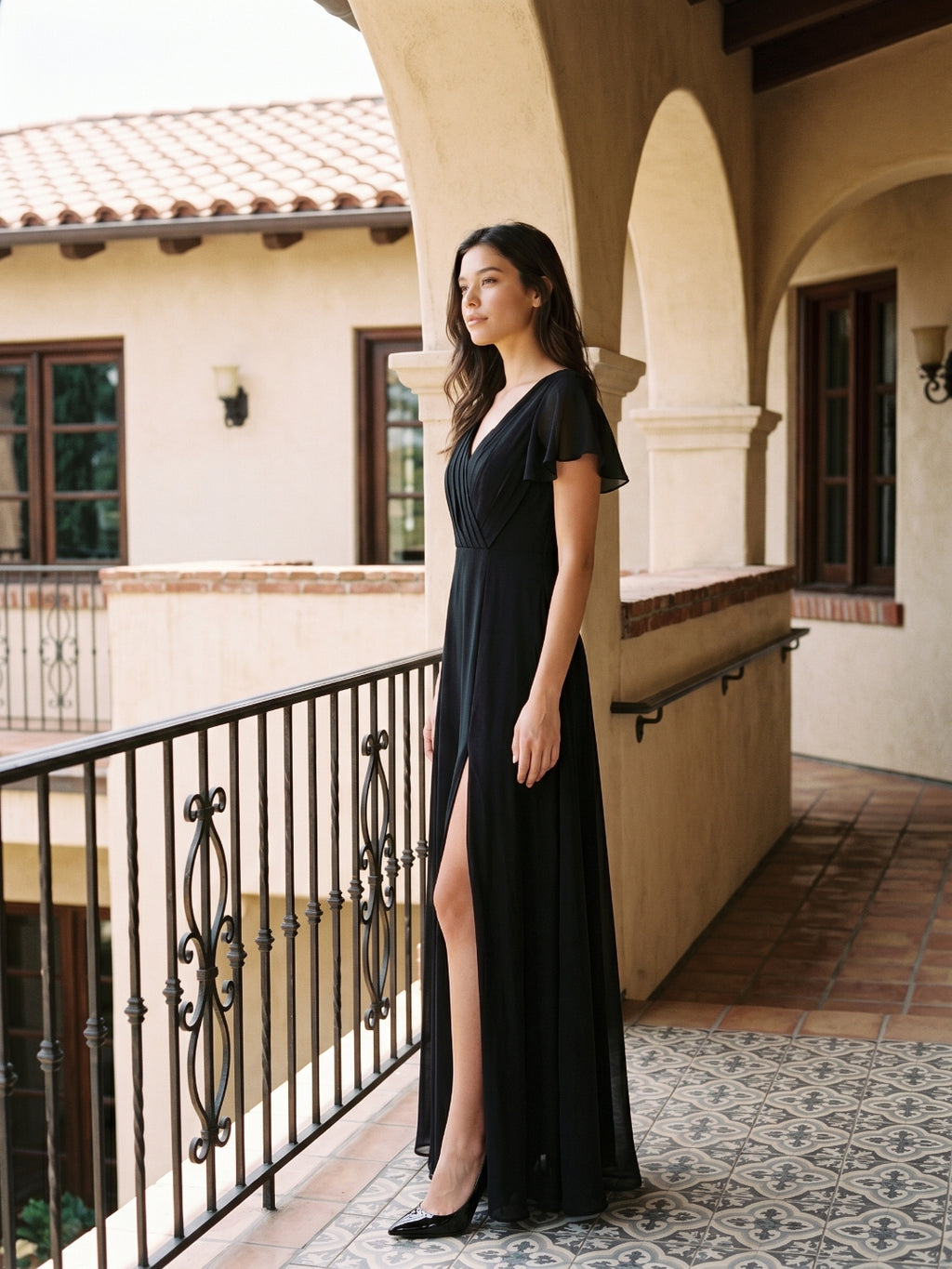 Black Chiffon A-Line V-Neck Back Zip Floor-Length Bridesmaid Dress with Pleating