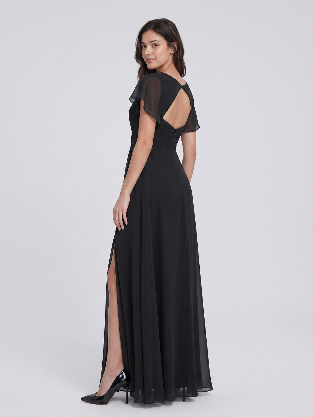 Black Chiffon A-Line V-Neck Back Zip Floor-Length Bridesmaid Dress with Pleating