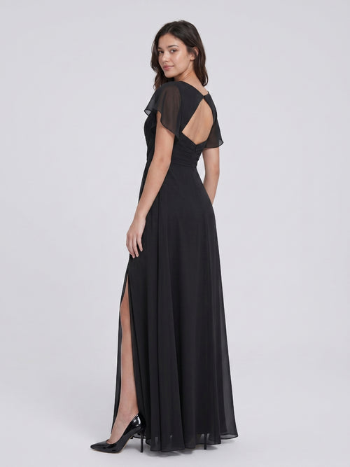 Black Chiffon A-Line V-Neck Back Zip Floor-Length Bridesmaid Dress with Pleating