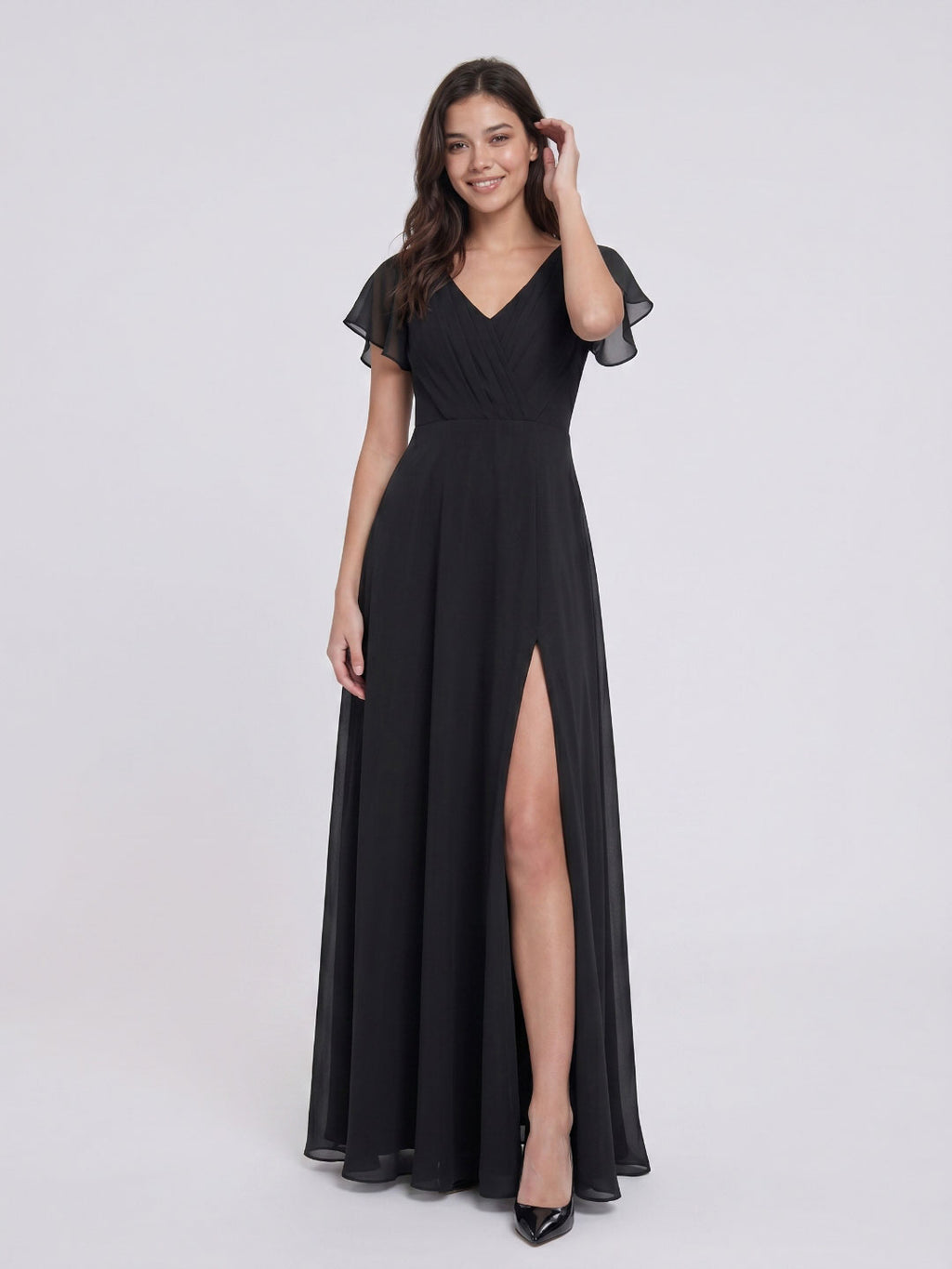 Black Chiffon A-Line V-Neck Back Zip Floor-Length Bridesmaid Dress with Pleating