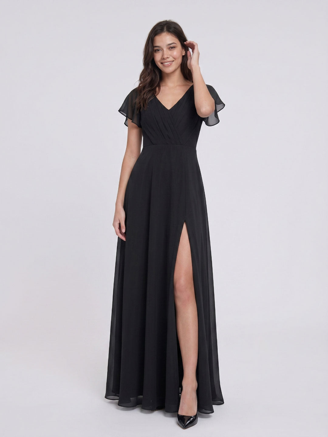Black Chiffon A-Line V-Neck Back Zip Floor-Length Bridesmaid Dress with Pleating