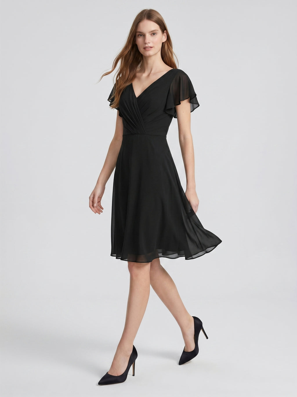 Black Chiffon A-Line V-Neck Back Zip Knee-Length Pleated Bridesmaid Dress