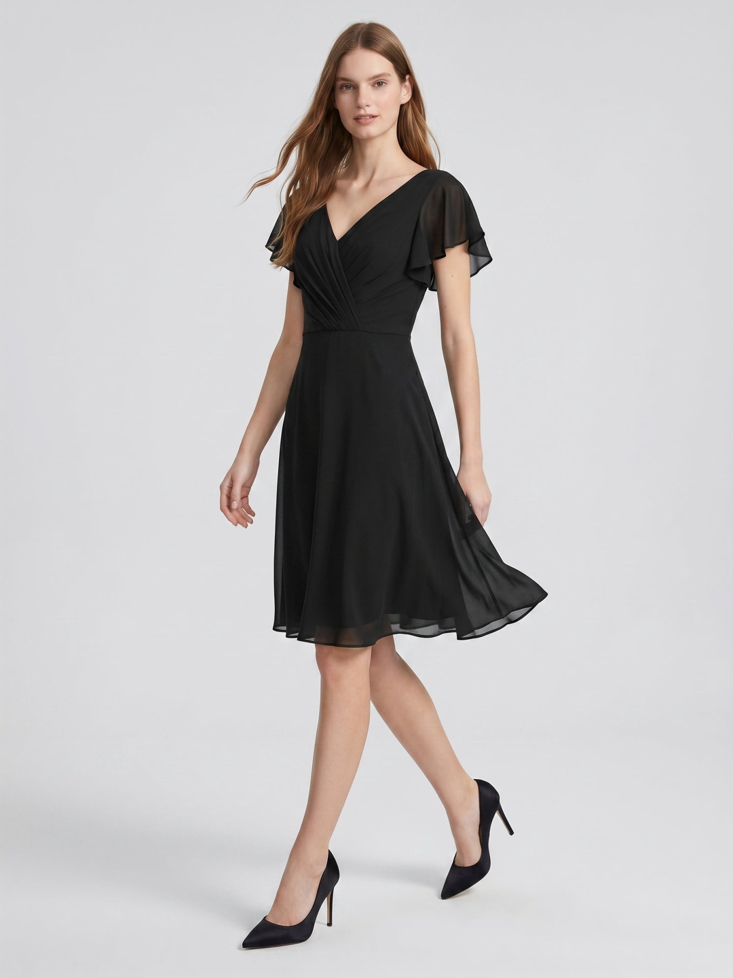 Black Chiffon A-Line V-Neck Back Zip Knee-Length Pleated Bridesmaid Dress