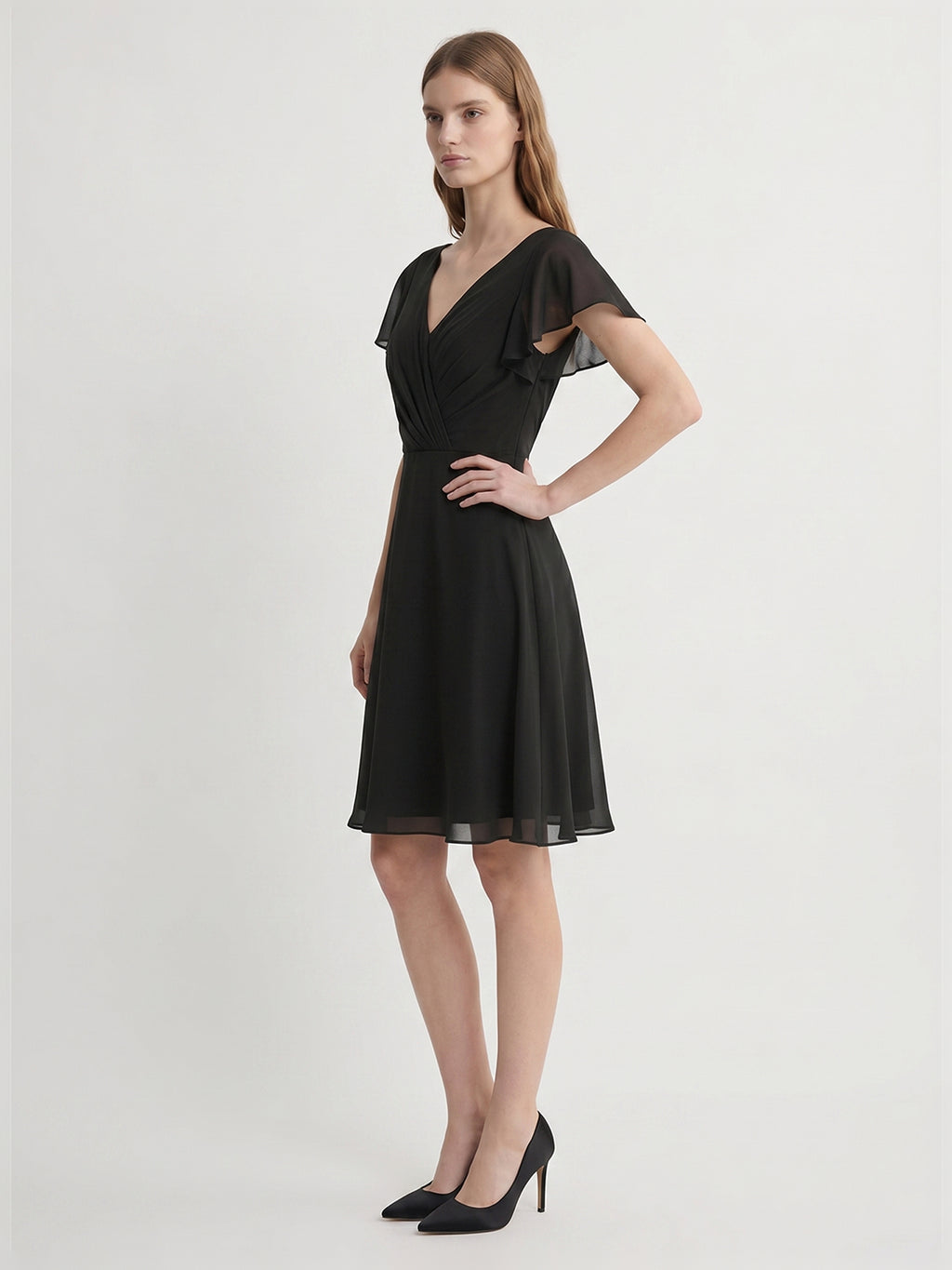 Black Chiffon A-Line V-Neck Back Zip Knee-Length Pleated Bridesmaid Dress