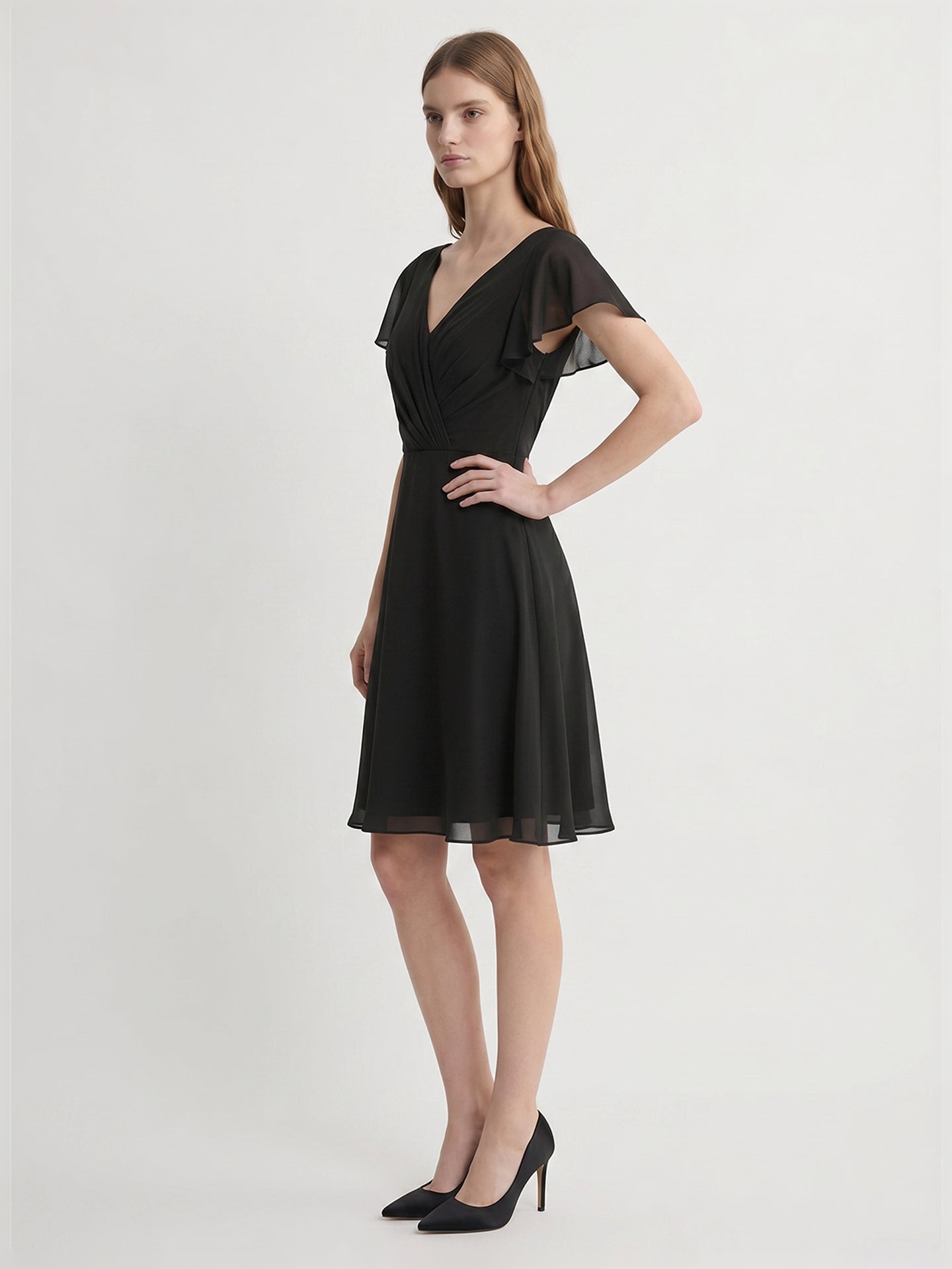 Black Chiffon A-Line V-Neck Back Zip Knee-Length Pleated Bridesmaid Dress